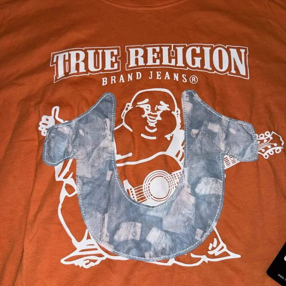 True Religion Buddha Denim Fill Tee Graphic Logo SS Crew Neck T-Shirt Orange XL